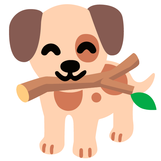 cartoon dog with stick in mouth,
    smiling, eyes closed, presenting you with the stick